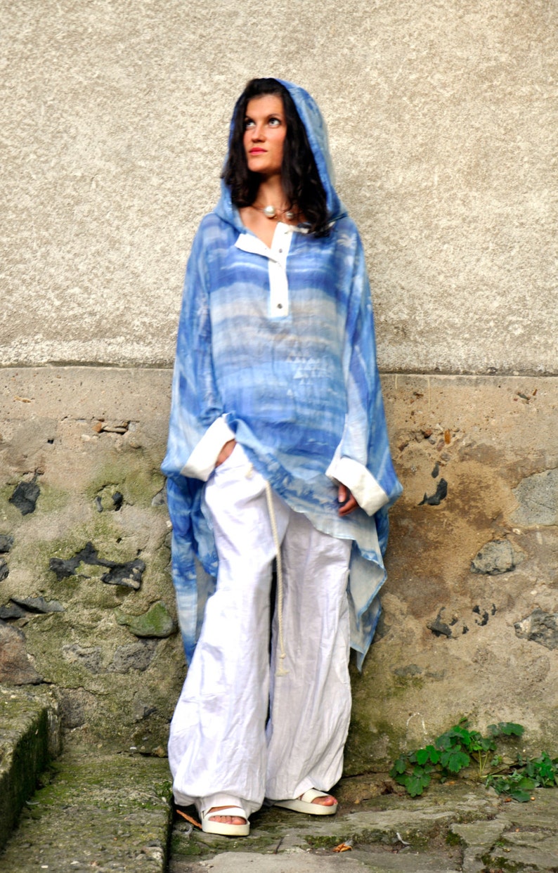 Linen SETWhite loose pants and blue cotton silk tunicmaxi setWoman summer plus size tunic and pantsLinen pantsBlue maxi tunicS0240