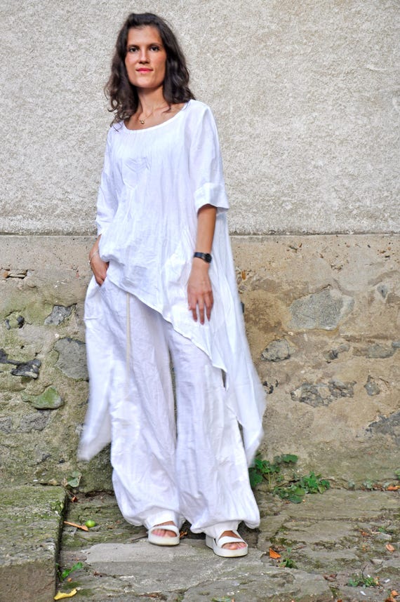 White Linen Tunic and Pants Set, Asymmetrical Boho Resort Wear
