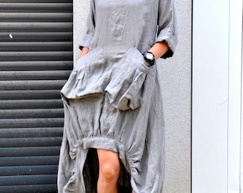 Gray Linen Dress, Asymmetrical Maxi Silhouette with Balloon Hem and Cotton Rope Belt