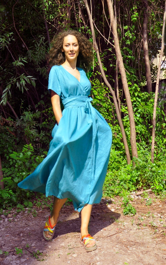 fit and flare midi summer dress Turquoise Linen Wrap Dress, Fit Flare Midi, Boho Summer Style With Pockets