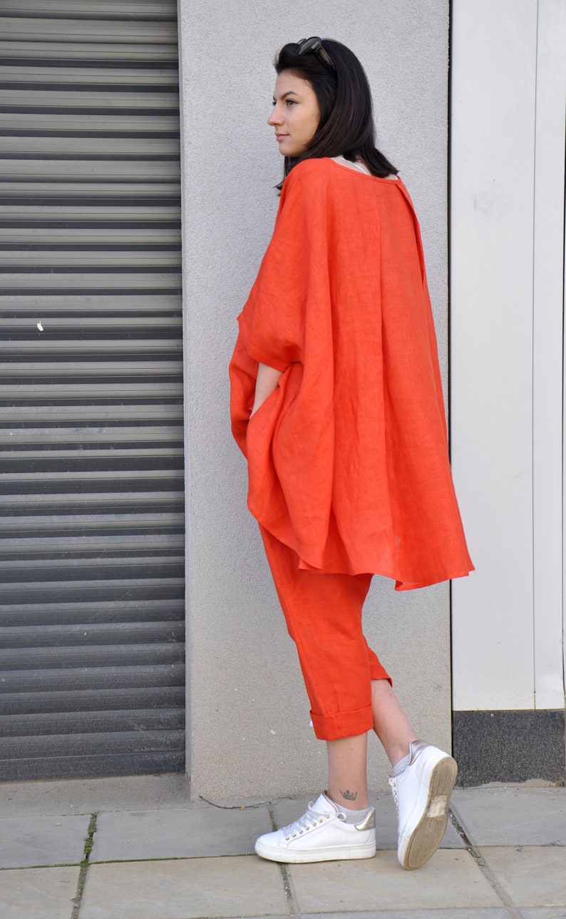 Batwing Sleeves Linen Tunic, Plus Size Linen Clothing, Kaftan Blouse Top, Oversize Linen Tunic, Summer Tunic Top Women, Orange Tunic image 8