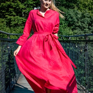 Red Linen Maxi Dress, Long Sleeve Button Down Dress with Mandarin Collar & Side Pockets, Elegant Natural Fabric Clothing, Linen Prom Dress