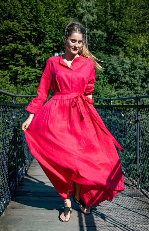 Red Linen Fall Maxi Dress, Long Sleeve Dress With Mandarin Collar