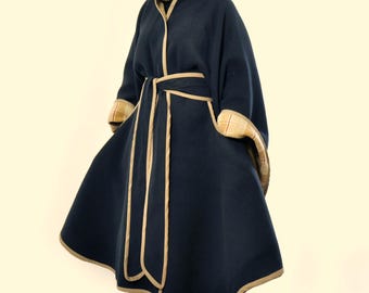 Reversible Wool Cape, Black & Beige Plaid, Handmade Belted Cloak