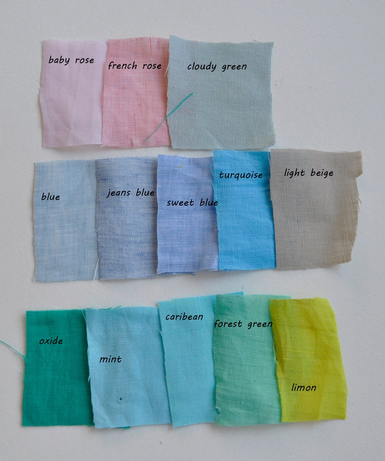 Puede incluir: Una colecci&oacute;n de muestras de tela en varios colores, incluyendo rosa beb&eacute;, rosa franc&eacute;s, verde nublado, turquesa, beige claro, azul, azul vaquero, azul dulce, &oacute;xido, menta, caribe, verde bosque y lim&oacute;n.