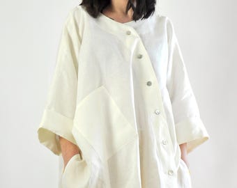 White Linen Asymmetric Tunic Shirt, Long Sleeve Plus Size
