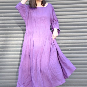 Purple Linen Maxi Dress – Loose Natural Linen Dress with Boat Neck, Wide Sleeves and Pockets image 8