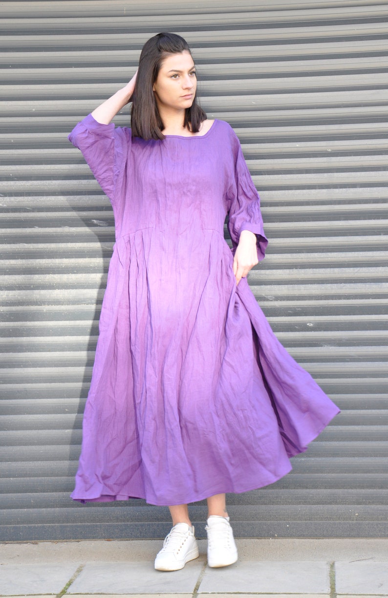 Purple Linen Maxi Dress – Loose Natural Linen Dress with Boat Neck, Wide Sleeves and Pockets image 8