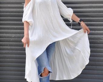 White Top, Silk Summer Tunic, Extravagant Long Tunic, White Tunic, Maxi Long Tunic, Maxi Shirt, Tunic Shirt, White Shirt, Gabyga T1934