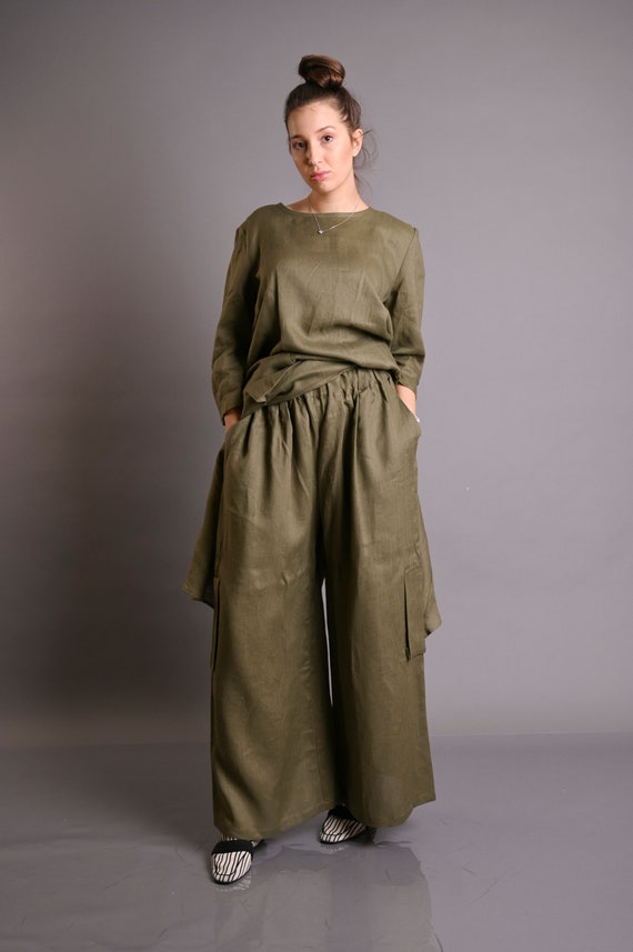 Pantalon militaire en lin Pantalons femme Pantalons en lin Vetements en lin Pantalons larges Pantalon palazzo en lin Pantalon armee Vetements grande taille Gabyga Etsy France