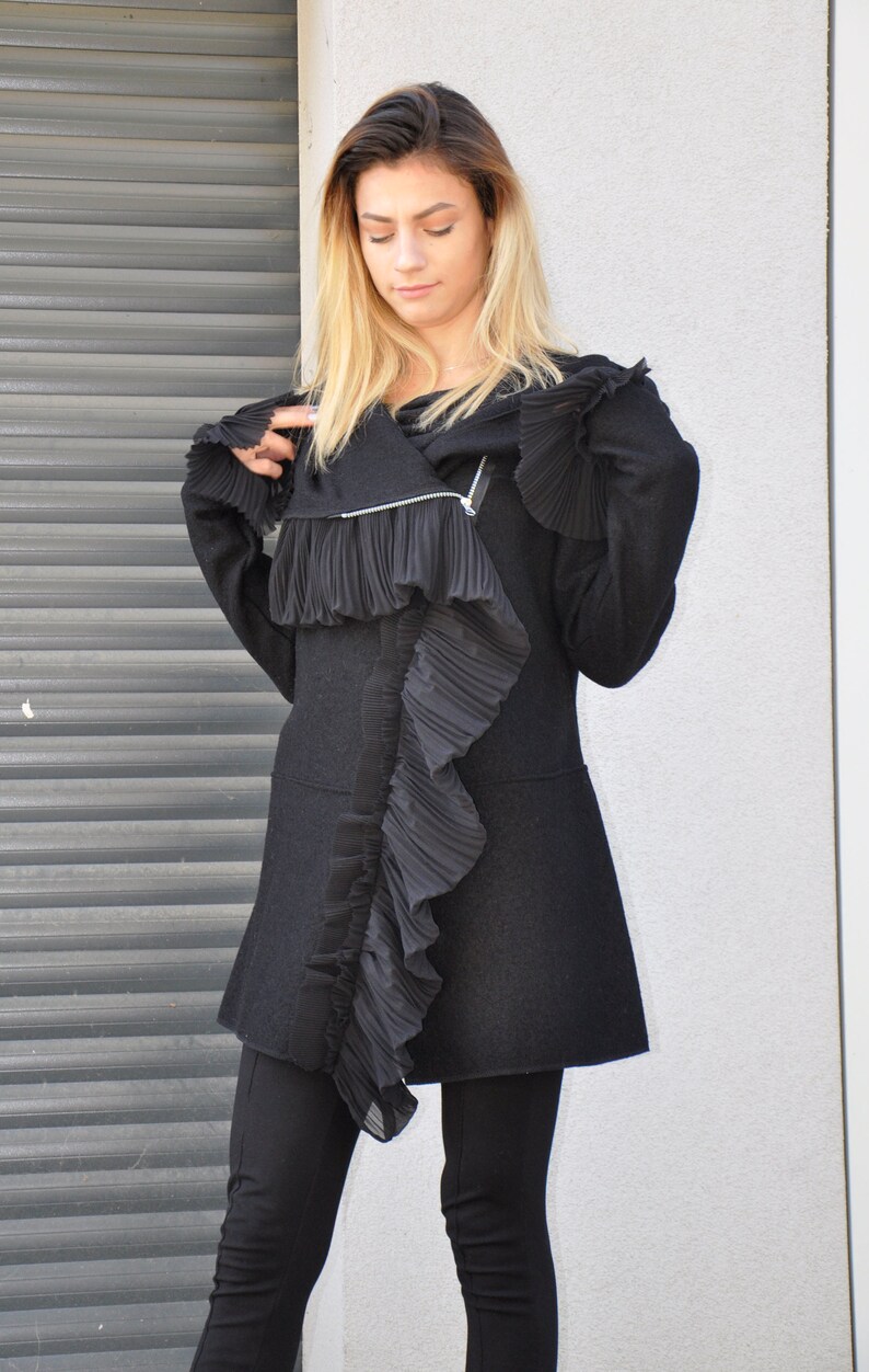 New Black Exstravagant Jacket Extra long sleevess Handmade coat Wool 100/% coatAutumn winter Zipped JacketHooded jacketWoman vestJ1873