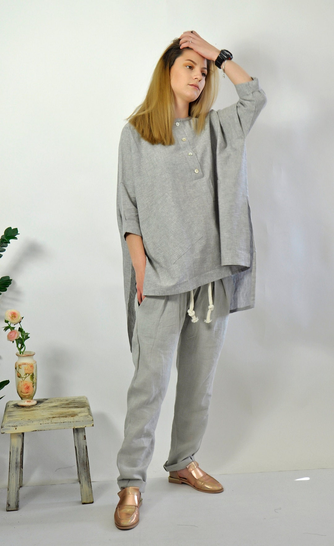 Lino Ropa Conjunto de lino gris, conjunto de lino para mujer, conjunto de lino ...