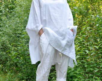 Leinentunika für Damen, asymmetrisches Sommertop in Übergröße in Weiß