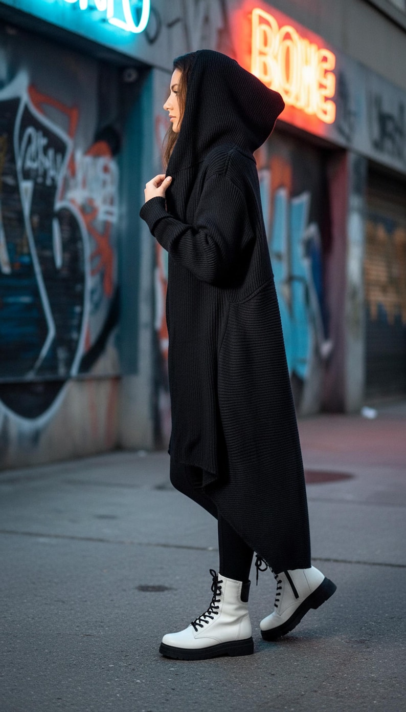 Black Hooded Cardigan, Wool Cloak, Winter Cardigan, Long Cardigan, Winter Clothing, Plus Size Cardigan, Wool Clothing, Warm Cardigan, Gabyga shown in an AI-generated listing photo