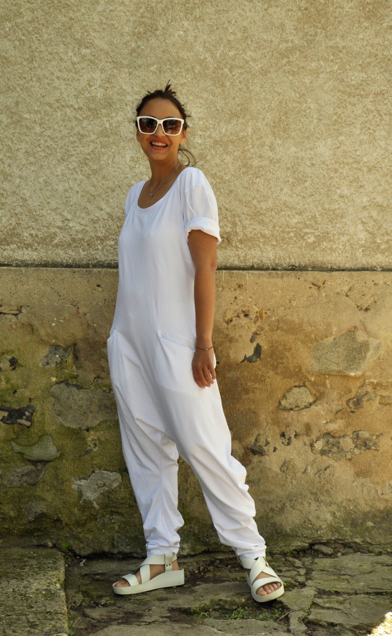 Harem Jumpsuit Women, White Jumpsuit, Yoga Jumpsuit, Cotton Jumpsuit, Drop Crotch Overall, Wide Leg Jumpsuit, Overall Women, Plus Size zdjęcie 5