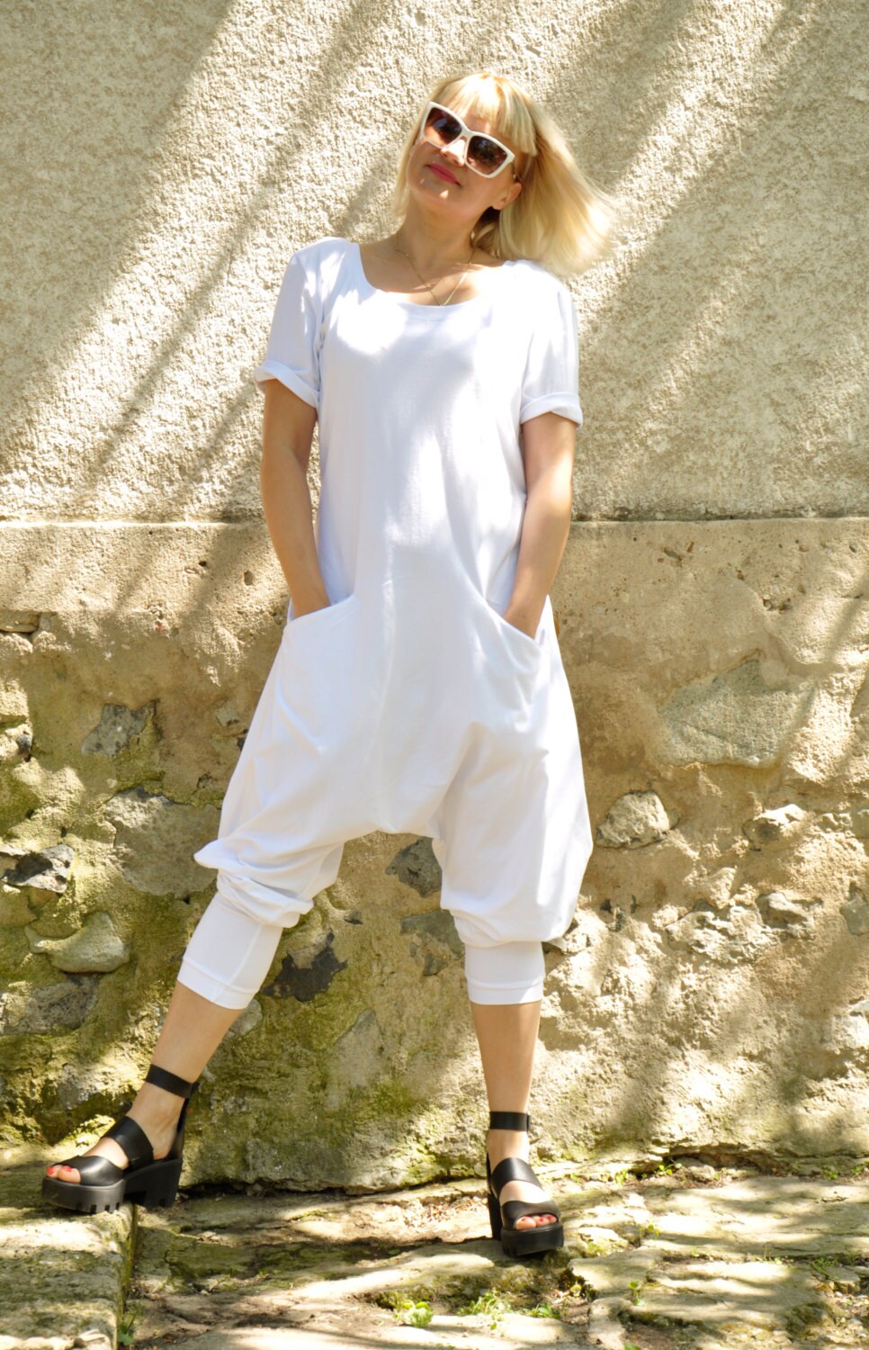 White Harem jersey Jumpsuit/Women casual jumpsuit/Loose Etsy