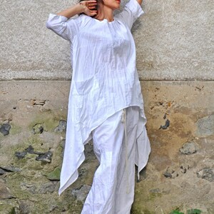 Boho Linen Set, White Asymmetrical Tunic and Relaxed Pants for Summer image 11
