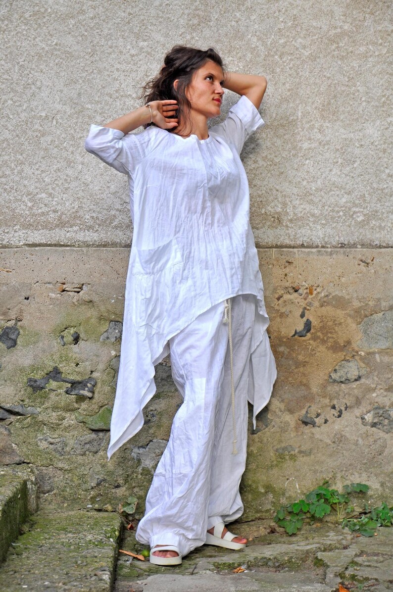 Boho Linen Set, White Asymmetrical Tunic and Relaxed Pants for Summer image 11