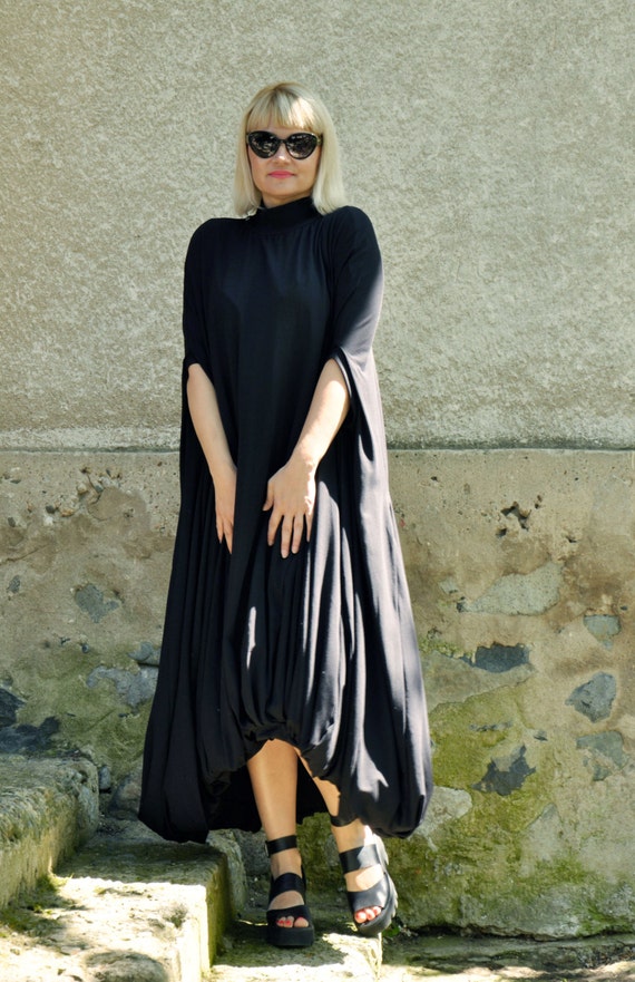 Black Extravagant dress/Long loose cotton Lycra dress/Loose | Etsy