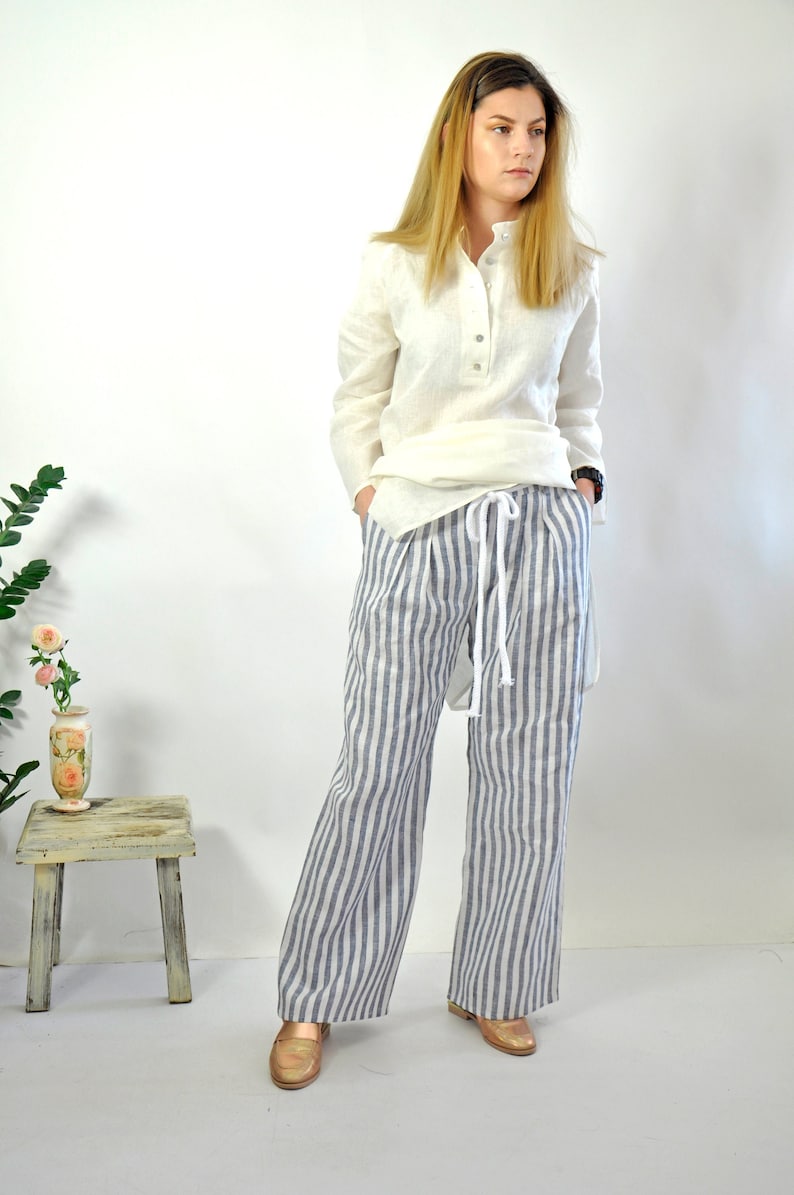 Linen Stripe Pants, Linen Pants, Wide Leg Pants, Women Pants, Linen Clothing, Summer Linen Pants, Beach Linen Pants, Long Pants, Relaxed image 2