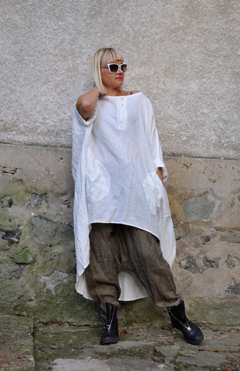 Tunique en lin, Vêtements grande taille, Vêtements en lin, Tunique femme, Tunique chemise, Tunique oversize, Tunique blanche, Chemise en lin blanche, Tunique asymétrique image 4