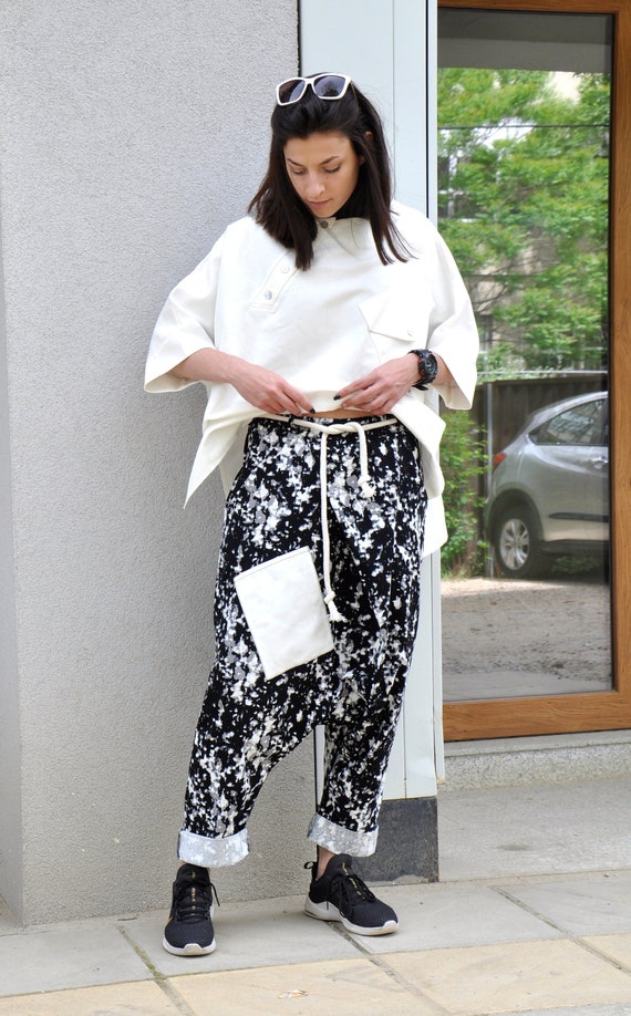 Black White Capri Pants Low Crotch Pants Plus Size Winter Pants Streetwear Baggy Pants Plaid Woman Pants Painted Woman Trousers Etsy UK