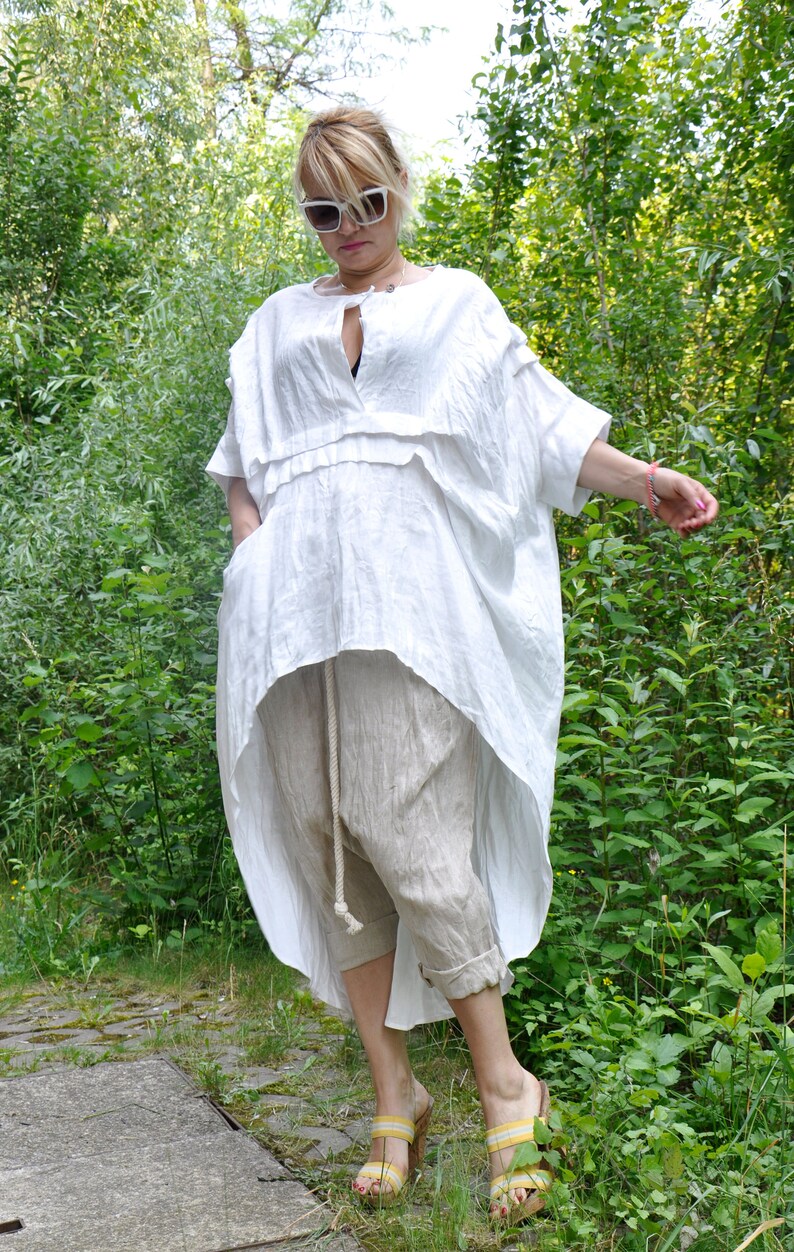 Organic Linen Outfit, Flowy Top and Harem Pants, Plus Size Summer Set image 9
