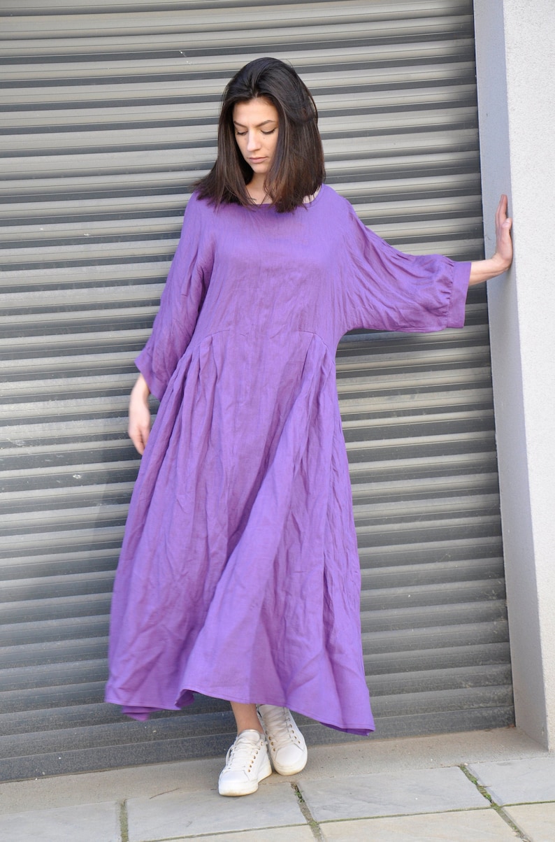 Purple Linen Maxi Dress – Loose Natural Linen Dress with Boat Neck, Wide Sleeves and Pockets image 1