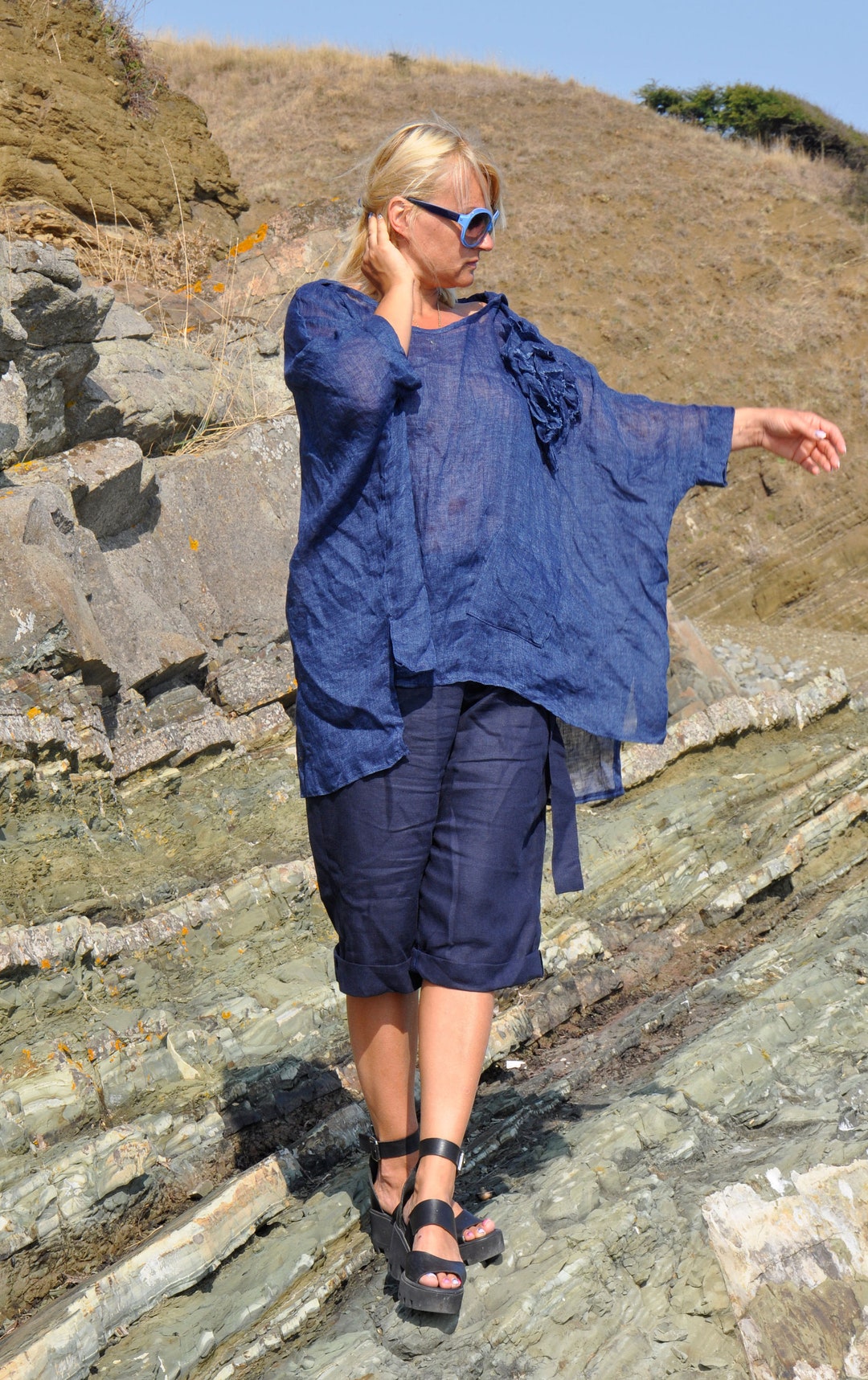 Maxi Linen Outfit, Linen Set, Dark Blue Outfit, Linen Clothing, Plus Size Linen Outfit, Hooded