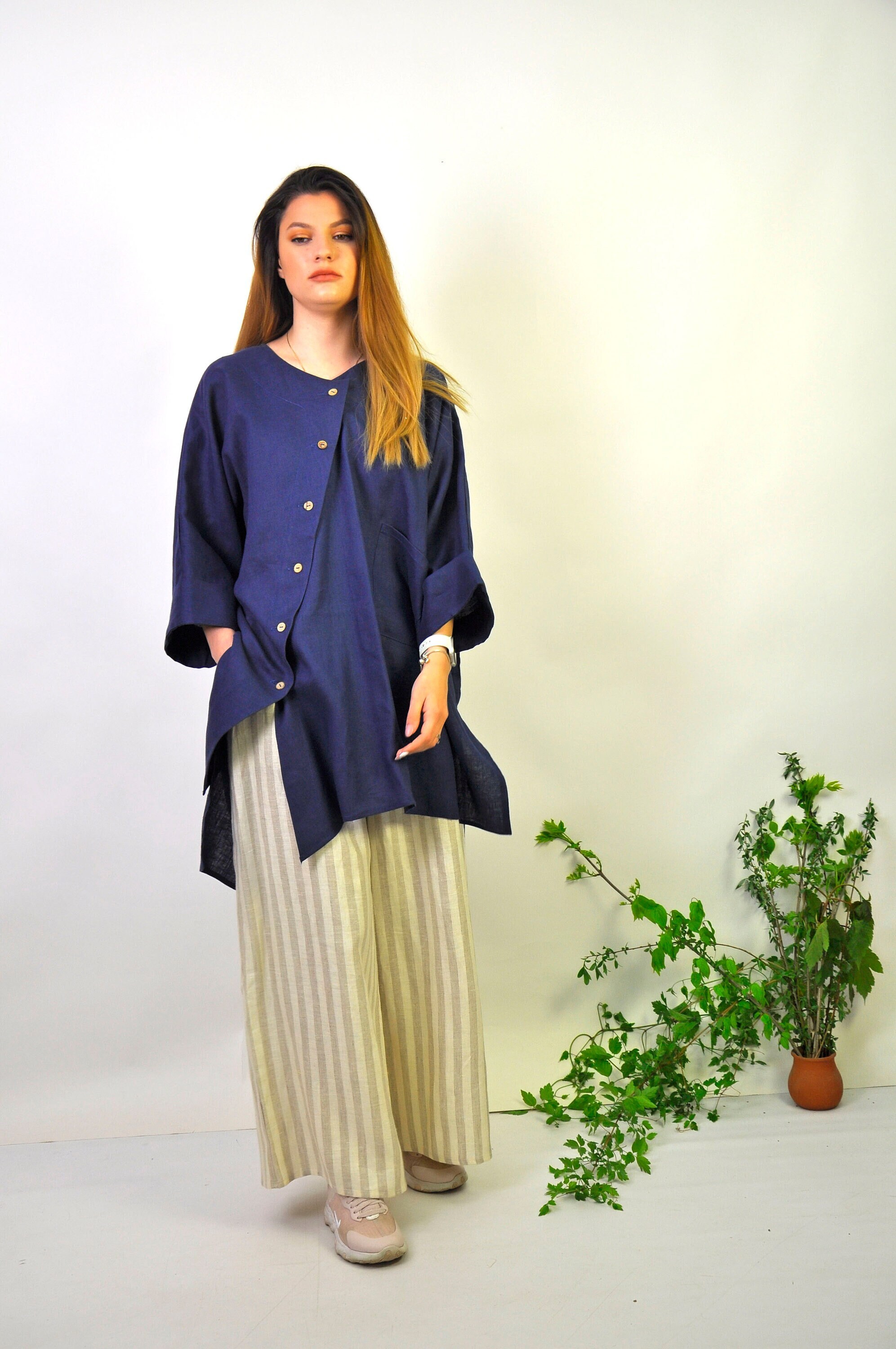 Dark Blue Linen Suit, Two Piece Set, Women Pantsuit, Linen Loose