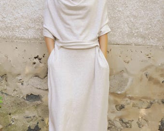 Light Beige Wool Maxi Dress – Oversized Winter Caftan with Pockets, Plus Size Friendly