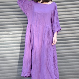 Purple Linen Maxi Dress – Loose Natural Linen Dress with Boat Neck, Wide Sleeves and Pockets image 3