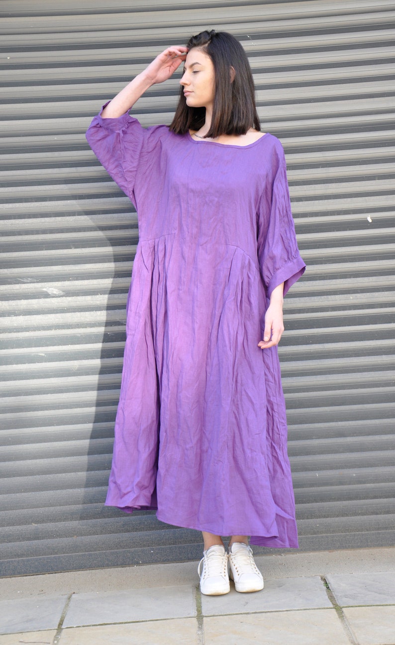Purple Linen Maxi Dress – Loose Natural Linen Dress with Boat Neck, Wide Sleeves and Pockets image 3