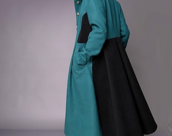 Wool Green Overcoat, Long Winter Coat with Viscose Lining and Plus Size Options