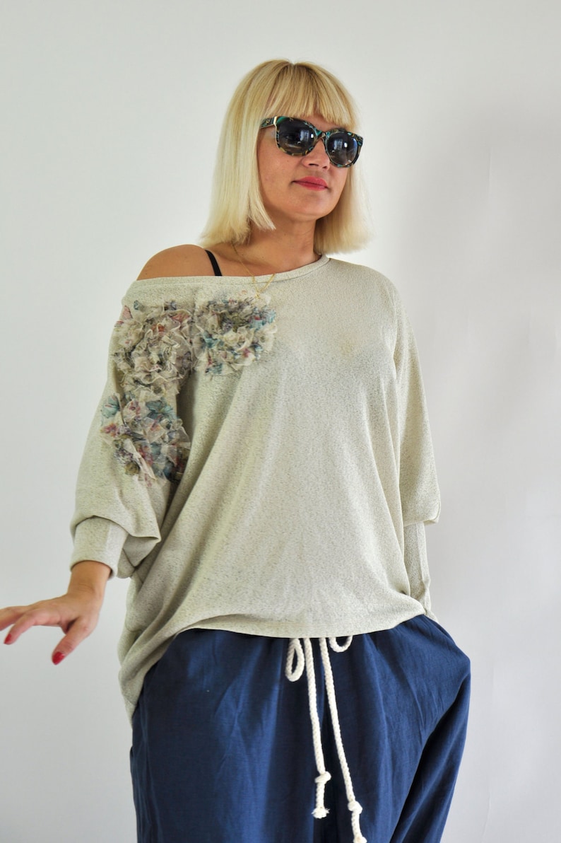 Beige knit blouse/Loose blouse with flowers/Handmade Etsy