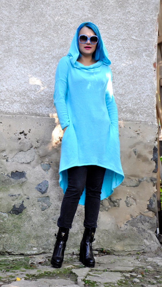 Aqua Blue Oversized Hooded Tunic Dress, Boho Kaftan Top, Long