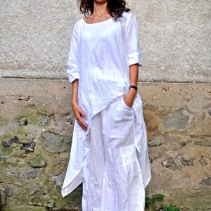 Boho Linen Set, White Asymmetrical Tunic and Relaxed Pants for Summer image 2