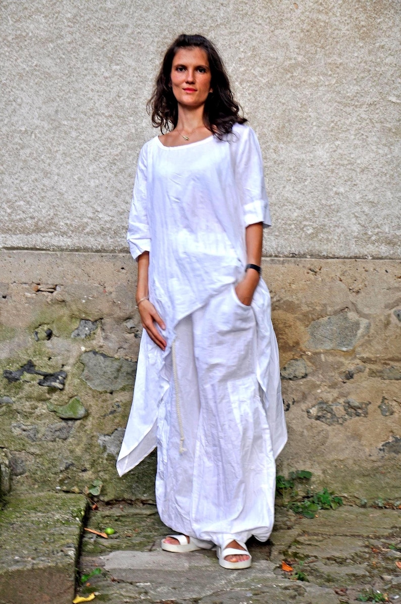 Boho Linen Set, White Asymmetrical Tunic and Relaxed Pants for Summer image 2