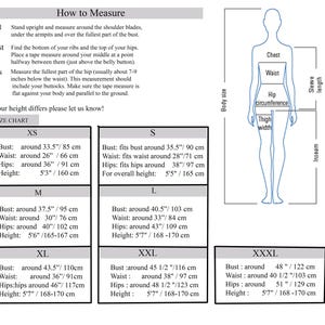 A sizing and measurement chart with instructions on how to measure bust, waist, and hips, accompanied by a body outline diagram and size tables from XS to XXXL.