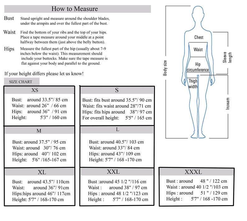 A sizing and measurement chart with instructions on how to measure bust, waist, and hips, accompanied by a body outline diagram and size tables from XS to XXXL.