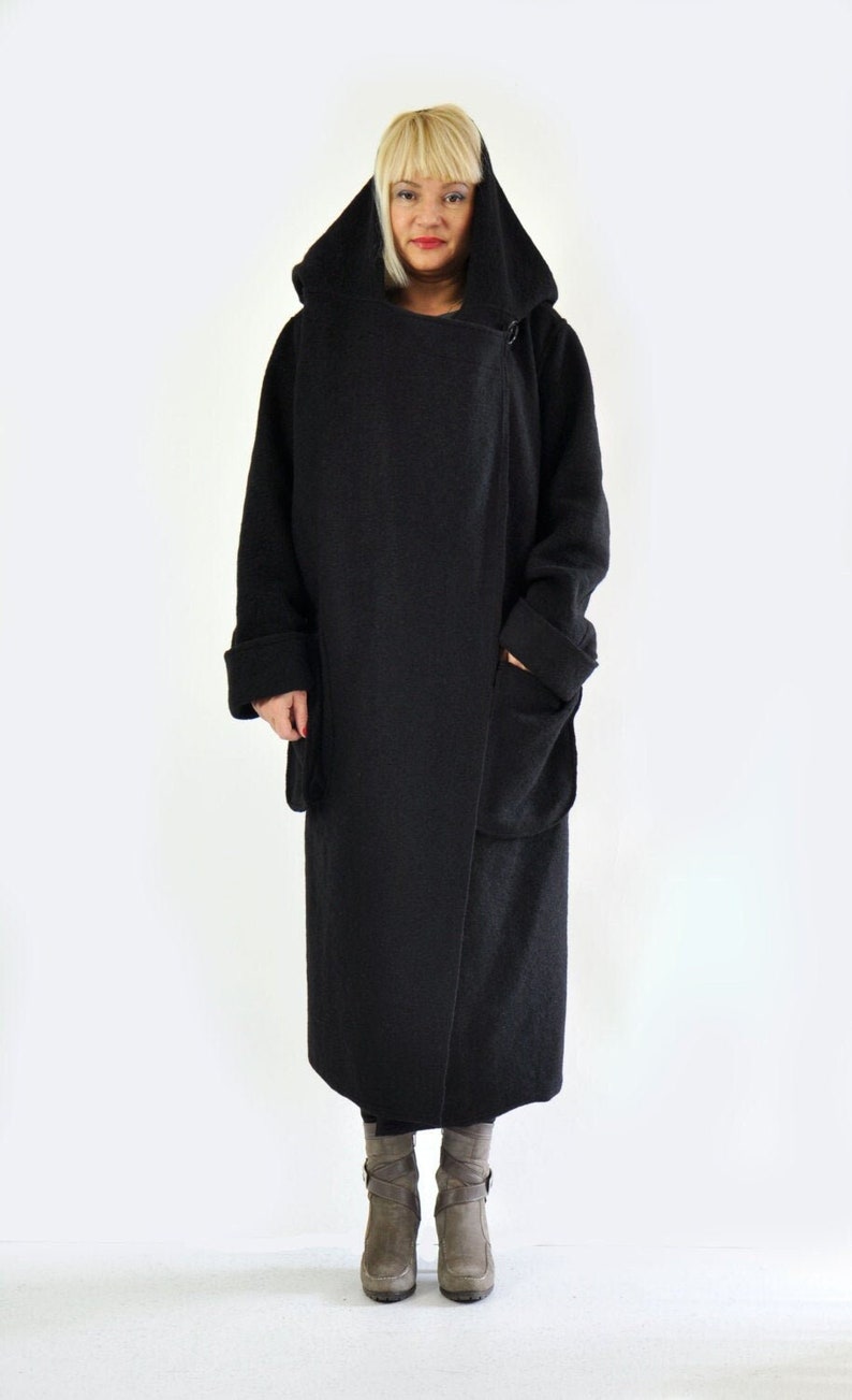 Wool Coat, Maxi Coat, Long Wool Coat, Plus Size Coat, Black Wool Coat, Oversize Clothing, Coat For Women, Black Hooded Coat, Warm Coat Hood image 2