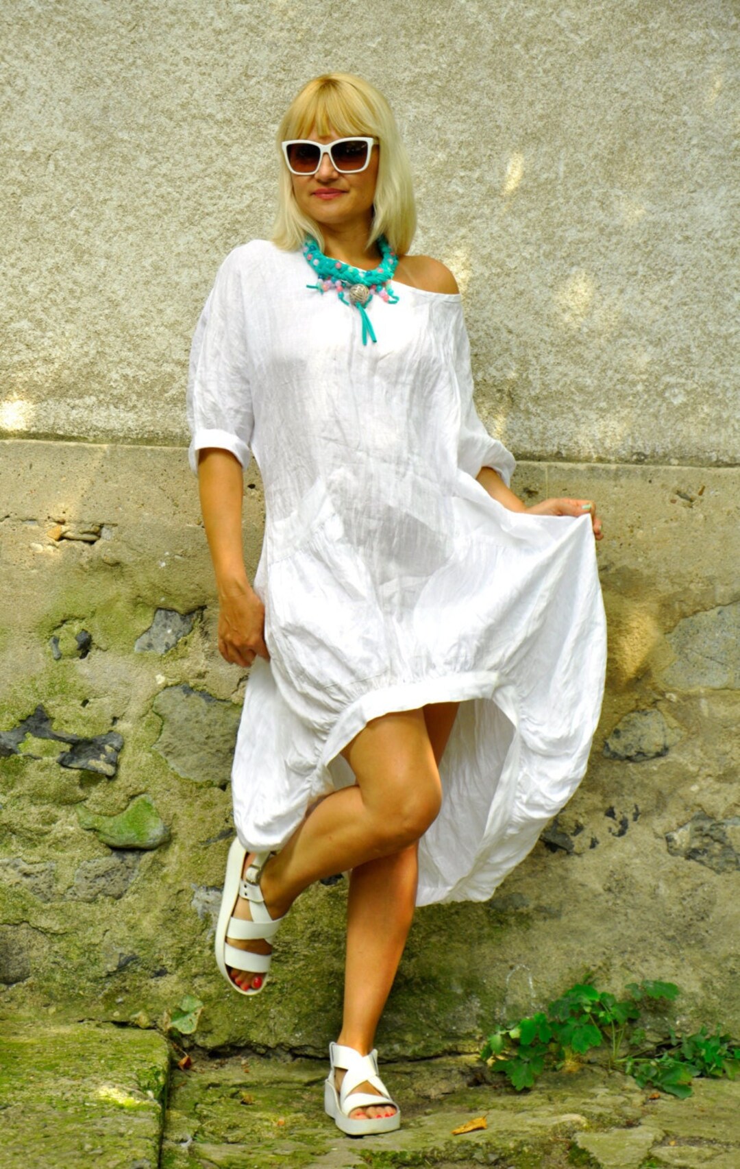 Bubble High Low Dress, White Linen Dress, Asymmetric Dress, Boho