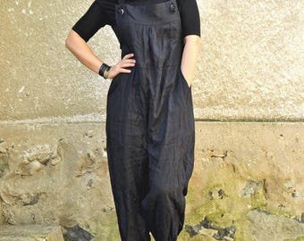 Linen Black Jumpsuit, Women Loose Maxi Romper, Plus Size Clothing, Handmade