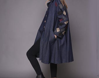 Oversized Denim Coat with Linen Accents – Handmade Jean Jacket