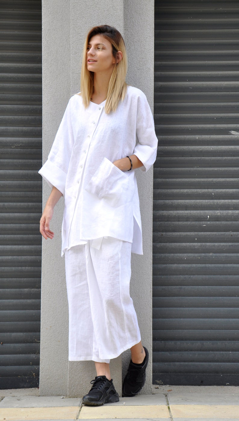 White Linen Outfit Linen Set Of 2 Women Linen Suit White | Etsy