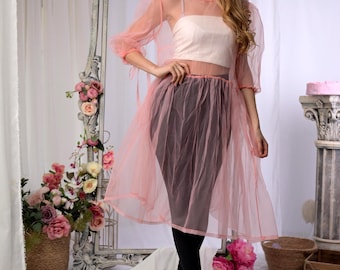 Prinsessenstijl tuniekjurk van roze organza, doorschijnende A-lijn feestoutfit met uitlopende mouwen