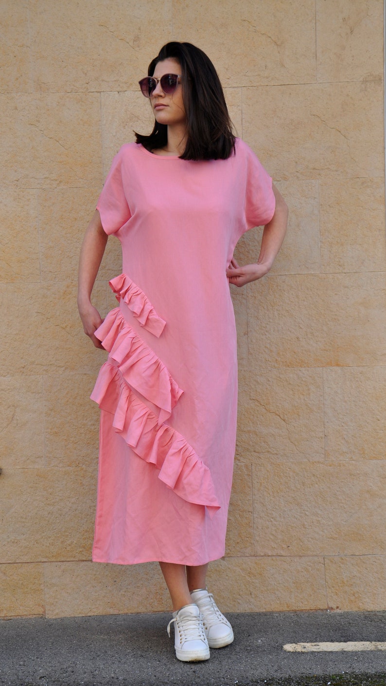 Pink Linen Dress, Loose Extravagant Dress, Asymmetric Dress, Linen Maxi Kaftan, Plus Size Dress, Ruffle Dress, Maxi Dress Woman, Shift Dress image 2