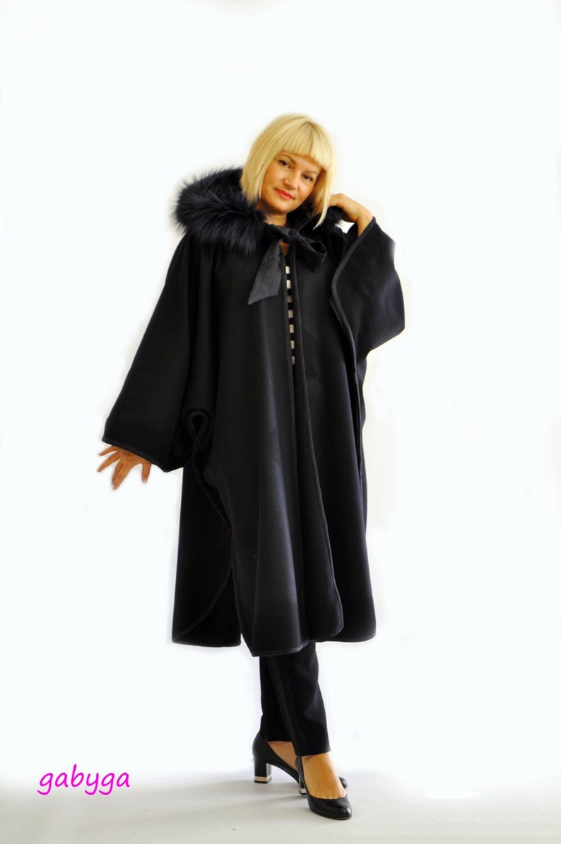 Black Wool Cape, Wool Winter Coat, Black Wool Coat, Plus Size Clothing, Hooded Coat, Fur Fox Coat, Wool Cloak, Winter Cloak, Gothic Coat image 1