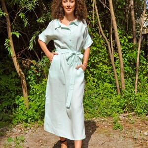 mint linen shirt dress for summer, linen women clothing, linen mint kaftan, summer linen maxi dress, bohemian long linen dress, buttons image 8