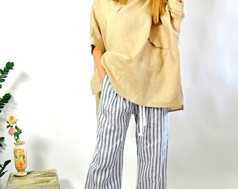 Striped Linen Set, Asymmetrical Shirt, Palazzo Pants, Women Summer Outfit